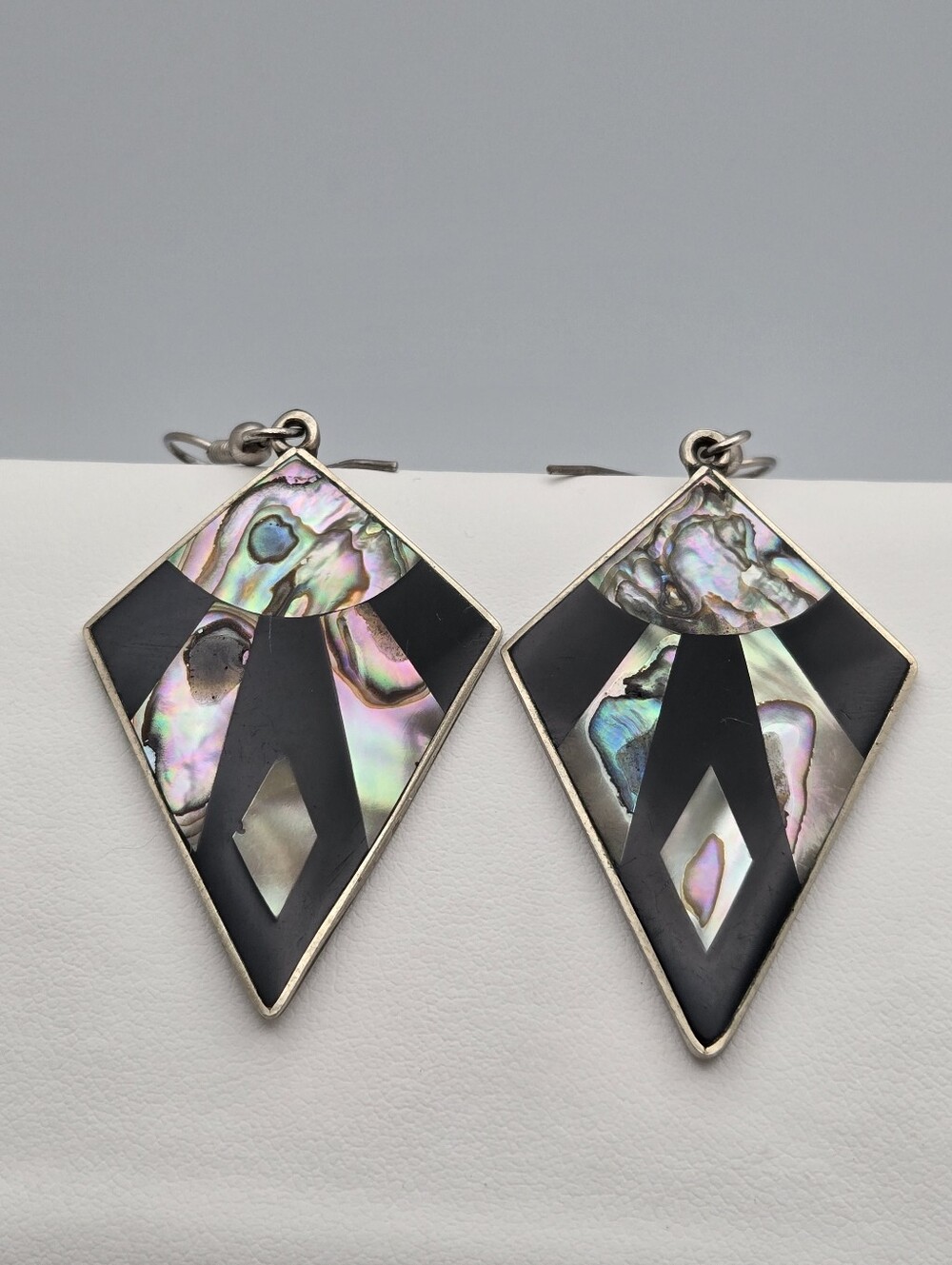 Vintage Alpaca Silver Abalone & Black Onyx Kite Dangle Earrings 2.5"